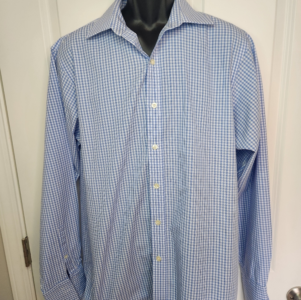 Michael Kors Blue and White Checkered Dress Shirt